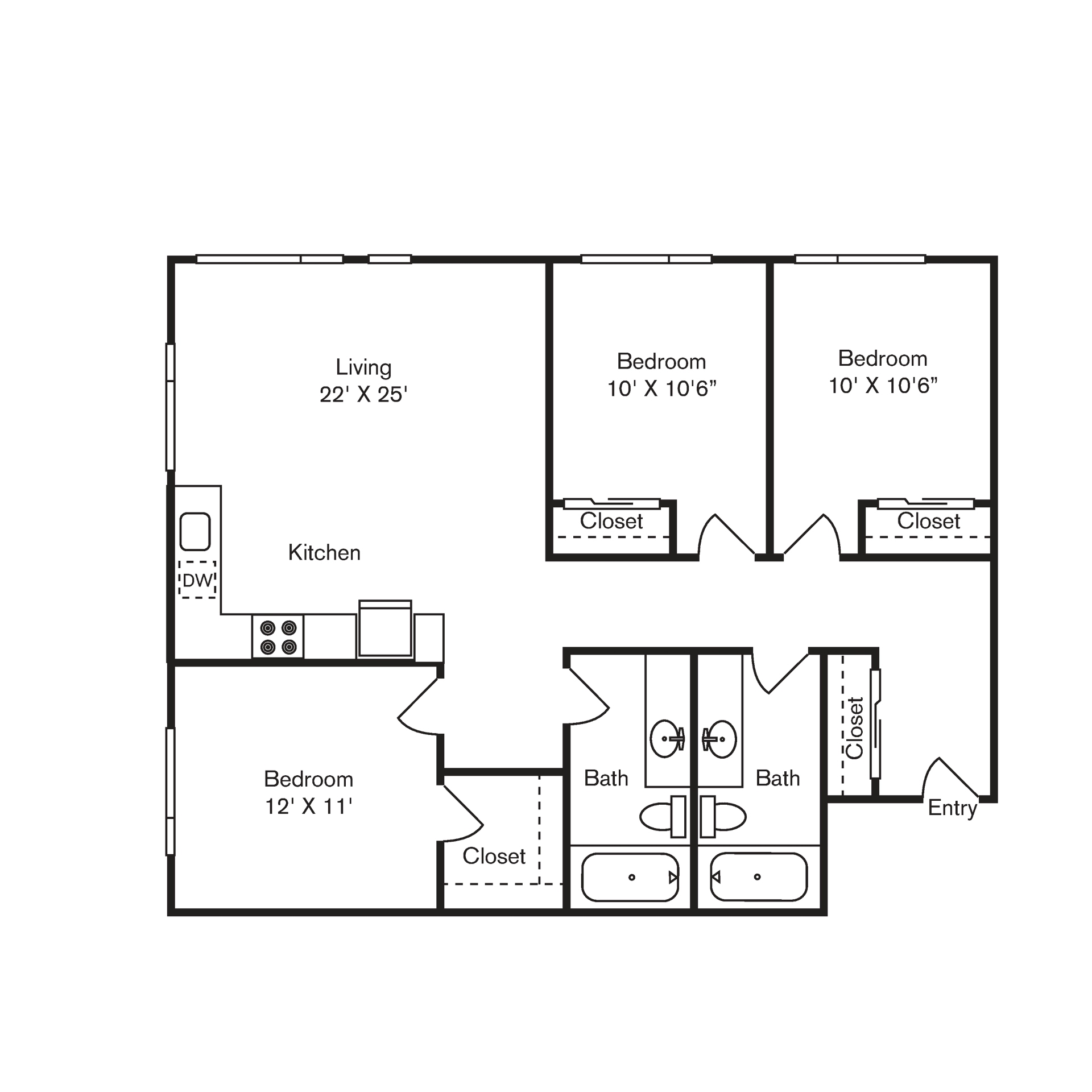 Floor plan for 3 beds, 2 baths, 1094 sqft